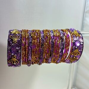Glass and enamel purple gold Indian bangles set
